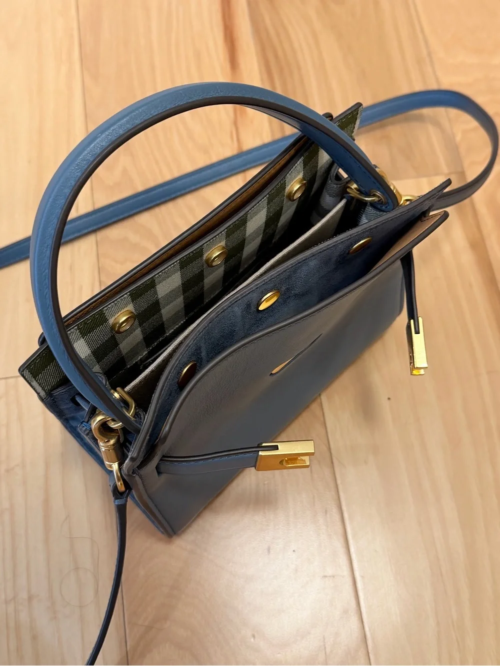 Tory Burch Lee Radziwell Petite Blue Leather Top-Handle Crossbody